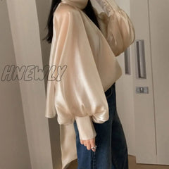 Hnewly Temperament Ladies Lantern Sleeve Blouse Woman Fashion Elegant Bow Tie Stand Neck Shirt For