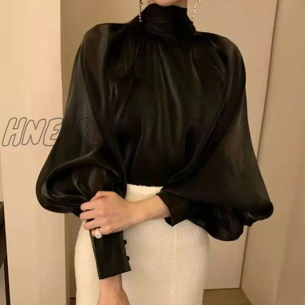 Hnewly Temperament Ladies Lantern Sleeve Blouse Woman Fashion Elegant Bow Tie Stand Neck Shirt For