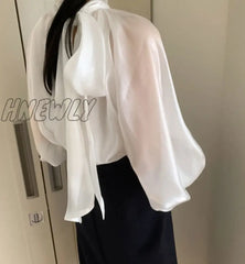 Hnewly Temperament Ladies Lantern Sleeve Blouse Woman Fashion Elegant Bow Tie Stand Neck Shirt For