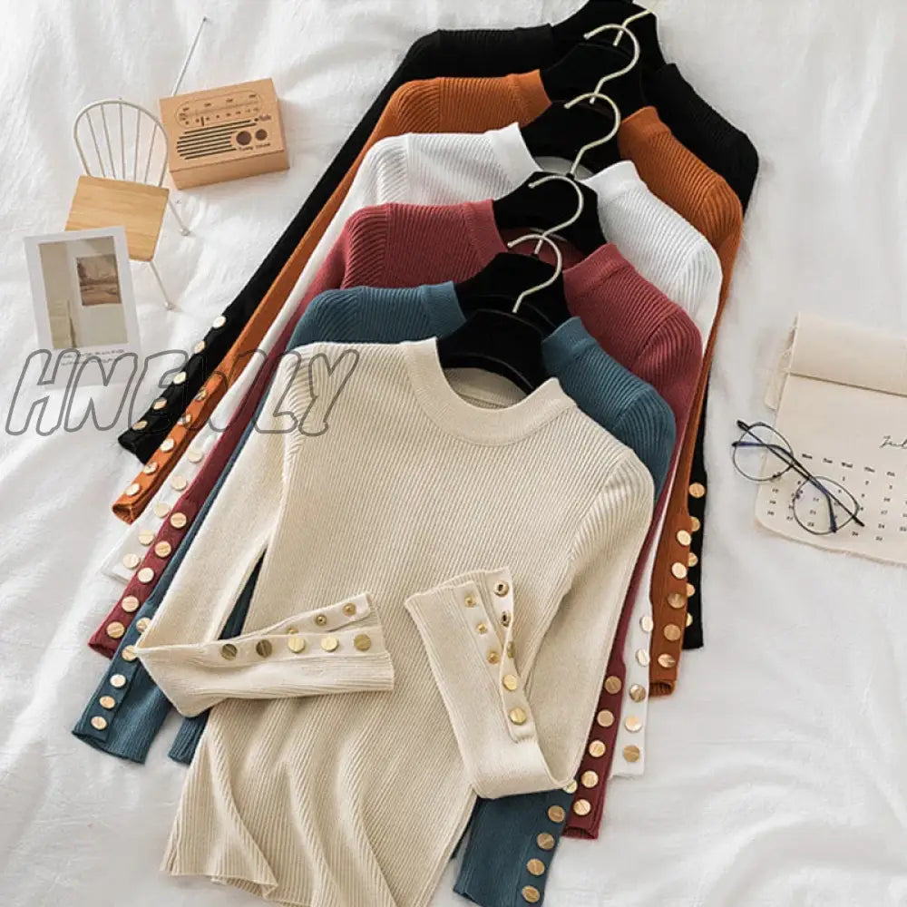 Hnewly Thick Sweater Long Sleeve Pullover Autumn Winter Clothes Button O Neck Female Casual