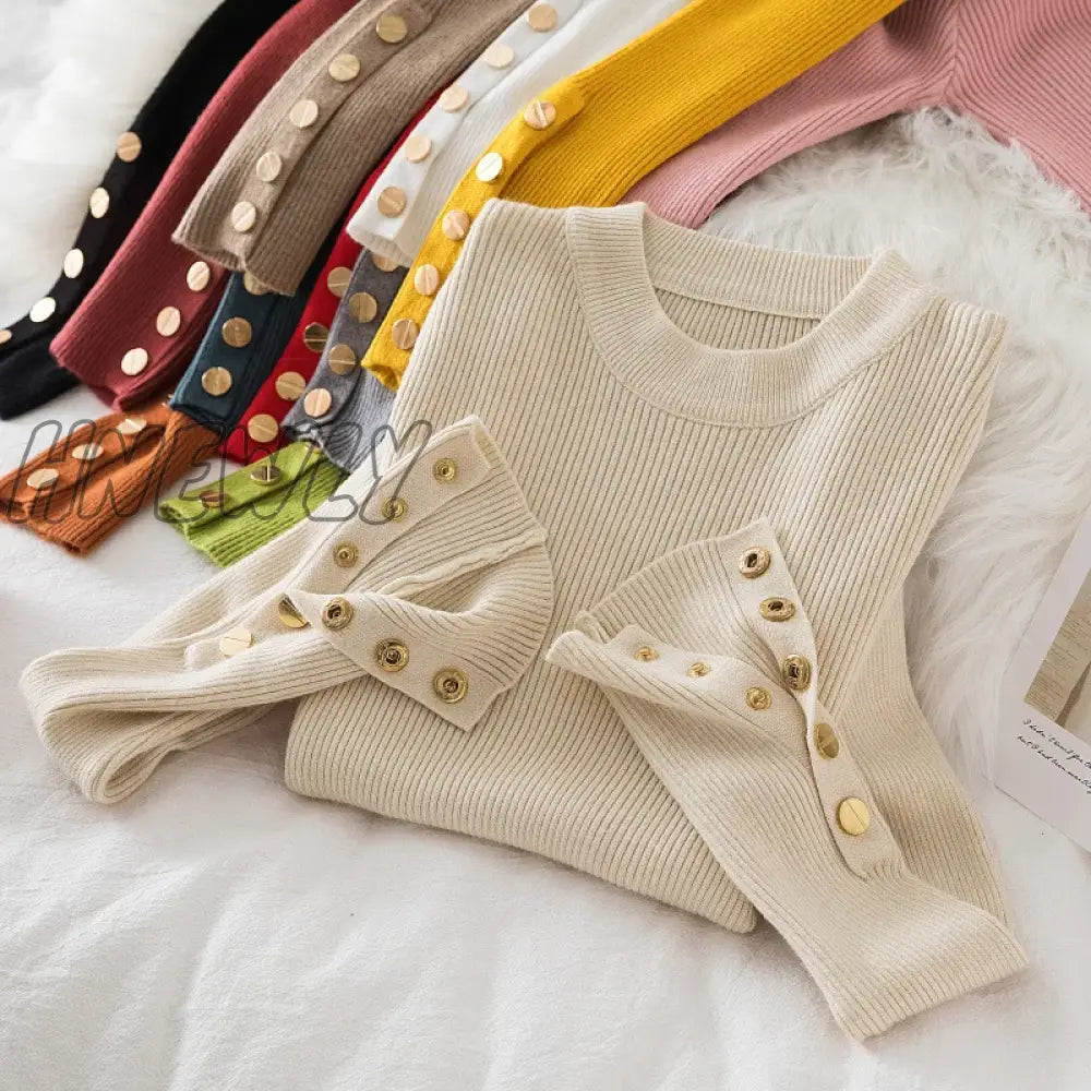 Hnewly Thick Sweater Long Sleeve Pullover Autumn Winter Clothes Button O Neck Female Casual