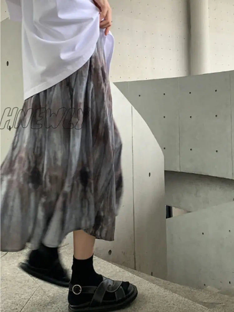 Hnewly Tie Dye Skirts Women Mid-Calf High Waist Streetwear Retro Summer Y2K Clothes Fashion Korean