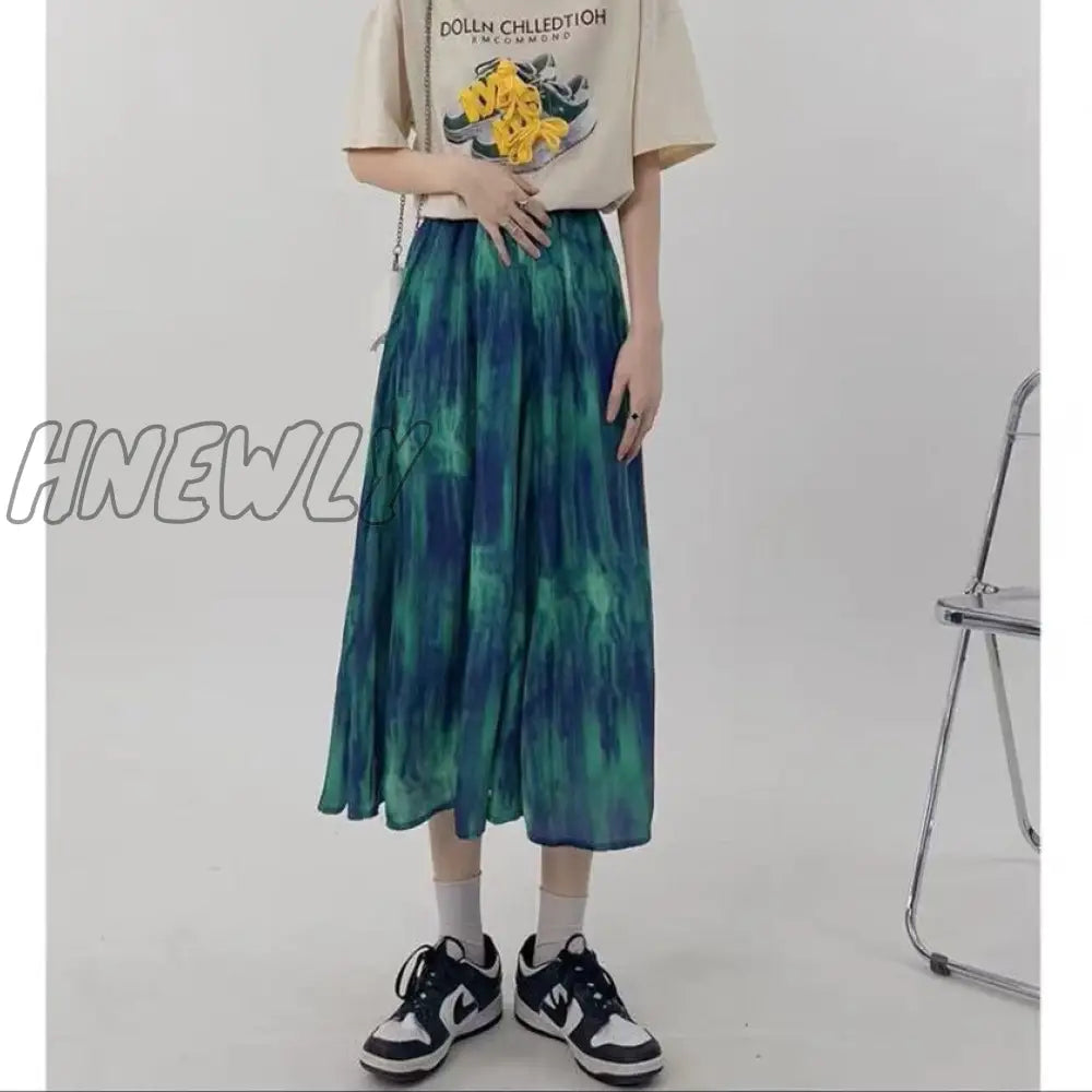 Hnewly Tie Dye Skirts Women Mid-Calf High Waist Streetwear Retro Summer Y2K Clothes Fashion Korean