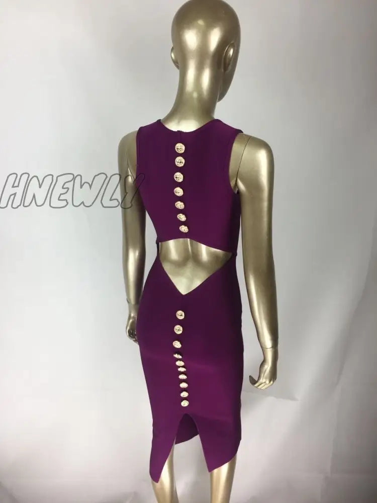 Hnewly Top Quality Sexy V Neck Button Split Black Purple Bandage Dress Knitted Elastic Elegant