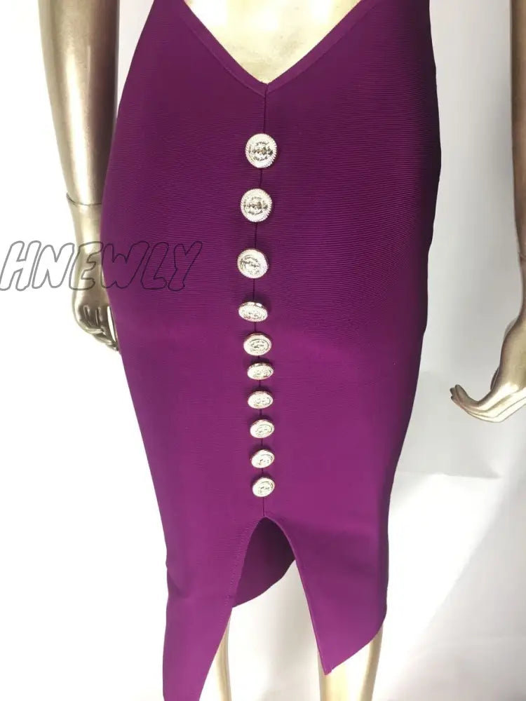 Hnewly Top Quality Sexy V Neck Button Split Black Purple Bandage Dress Knitted Elastic Elegant