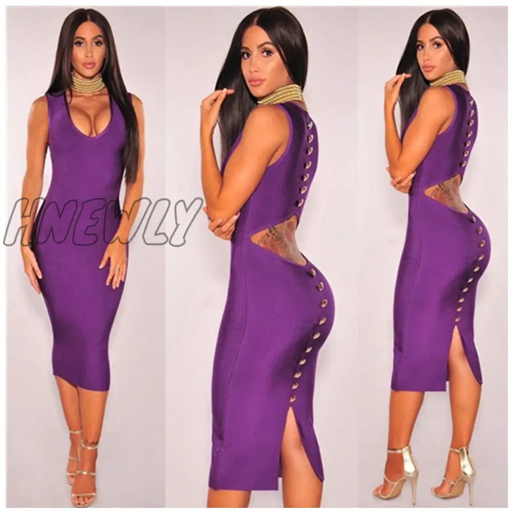 Hnewly Top Quality Sexy V Neck Button Split Black Purple Bandage Dress Knitted Elastic Elegant