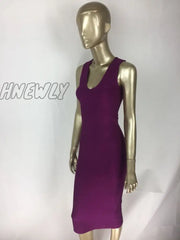 Hnewly Top Quality Sexy V Neck Button Split Black Purple Bandage Dress Knitted Elastic Elegant