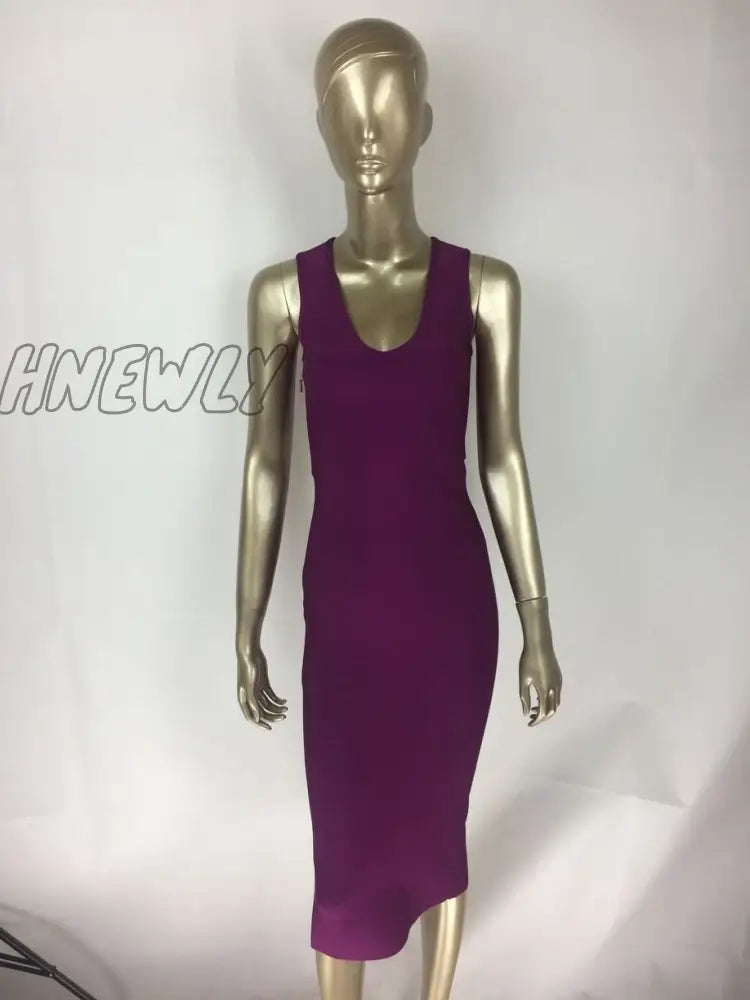 Hnewly Top Quality Sexy V Neck Button Split Black Purple Bandage Dress Knitted Elastic Elegant