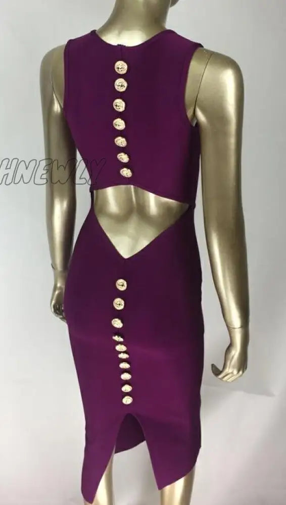 Hnewly Top Quality Sexy V Neck Button Split Black Purple Bandage Dress Knitted Elastic Elegant