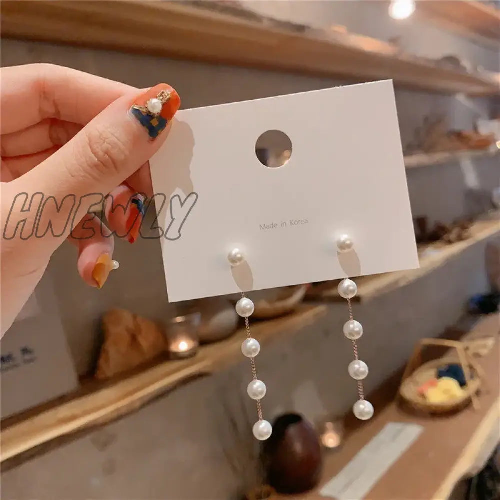 Hnewly Trend Simulation Pearl Long Earring For Women Fashion Korean Crystal Rhinestone Chain Drop