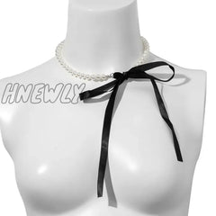 Hnewly Trend Wedding Party Jewelry Long Black Ribbon Choker Necklace For Women Elegant White