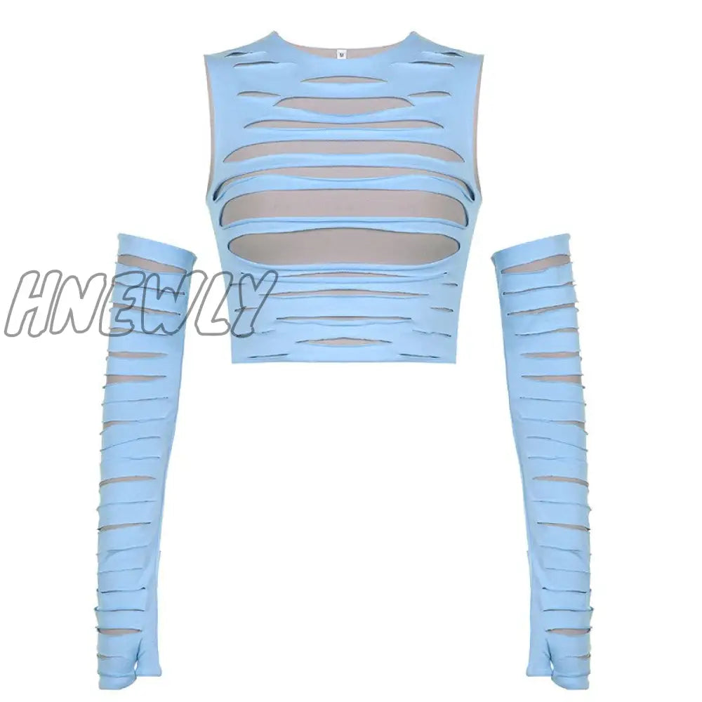 Hnewly Trendy Hole Cut Out Crop Top With Arm Sleeves Y2K Harajuku Streetwear Sexy T Shirts Women