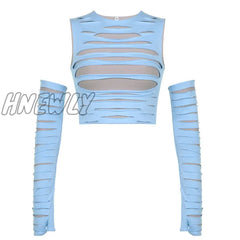 Hnewly Trendy Hole Cut Out Crop Top With Arm Sleeves Y2K Harajuku Streetwear Sexy T Shirts Women