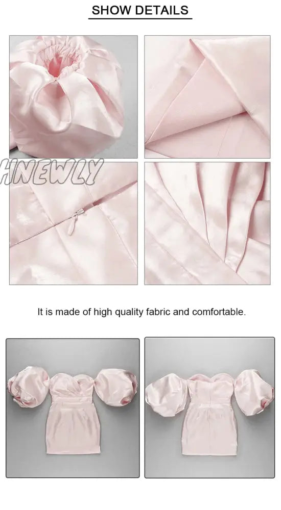 Hnewly Trendy Pink Mini Dress Sexy Off Shoulder Puff Sleeves Design Celebrity Party Club Satin