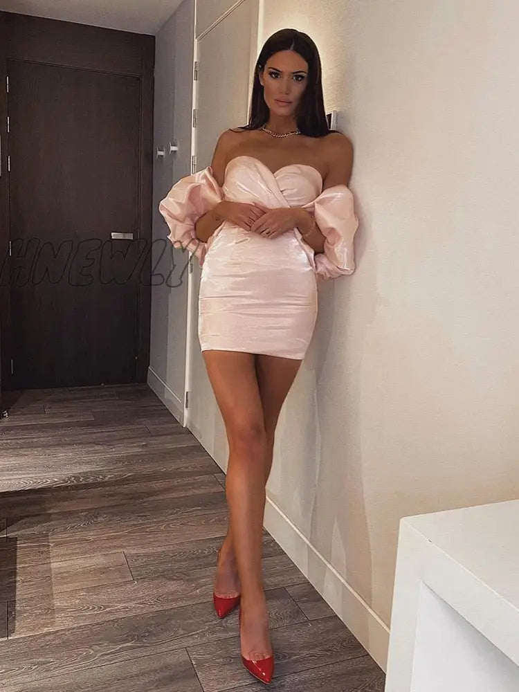 Hnewly Trendy Pink Mini Dress Sexy Off Shoulder Puff Sleeves Design Celebrity Party Club Satin