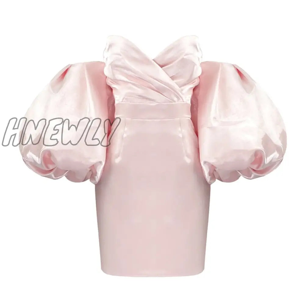 Hnewly Trendy Pink Mini Dress Sexy Off Shoulder Puff Sleeves Design Celebrity Party Club Satin