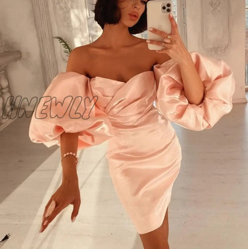 Hnewly Trendy Pink Mini Dress Sexy Off Shoulder Puff Sleeves Design Celebrity Party Club Satin