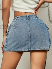 Hnewly Trendy Street Tooling Style Flap Pocket Ribbon Details Slim Workwear Denim Mini Skirt High