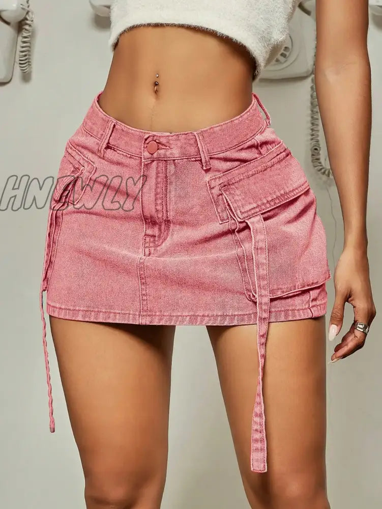 Hnewly Trendy Street Tooling Style Flap Pocket Ribbon Details Slim Workwear Denim Mini Skirt High