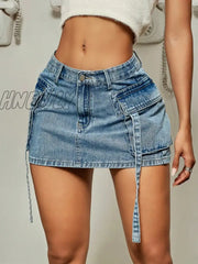 Hnewly Trendy Street Tooling Style Flap Pocket Ribbon Details Slim Workwear Denim Mini Skirt High