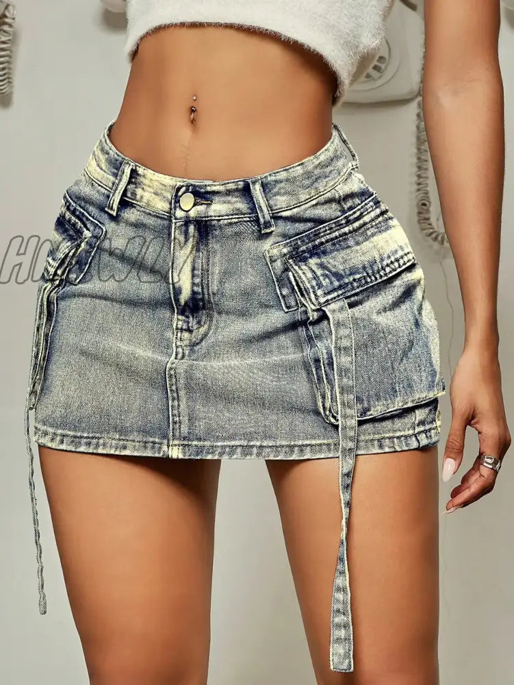 Hnewly Trendy Street Tooling Style Flap Pocket Ribbon Details Slim Workwear Denim Mini Skirt High