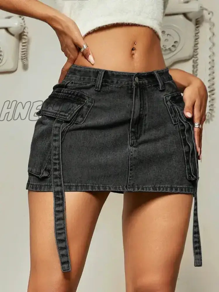 Hnewly Trendy Street Tooling Style Flap Pocket Ribbon Details Slim Workwear Denim Mini Skirt High