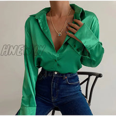 Hnewly Tunics Women’s Blouses Autumn Oversize Shirt Elegant Lapel Satin Shirts Long Sleeve