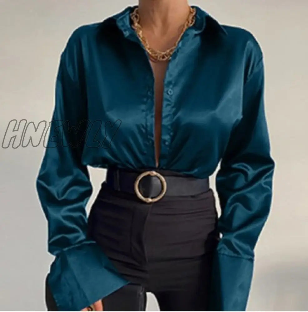 Hnewly Tunics Women’s Blouses Autumn Oversize Shirt Elegant Lapel Satin Shirts Long Sleeve