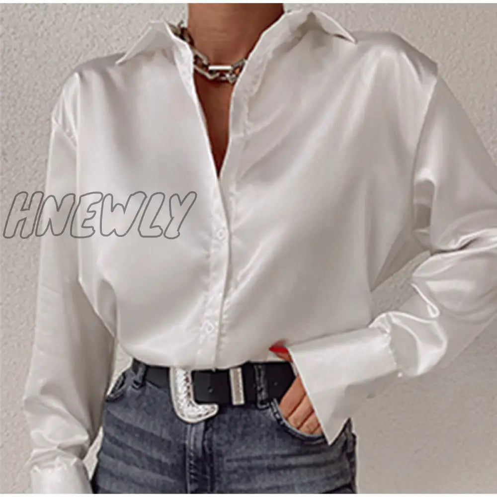 Hnewly Tunics Women’s Blouses Autumn Oversize Shirt Elegant Lapel Satin Shirts Long Sleeve