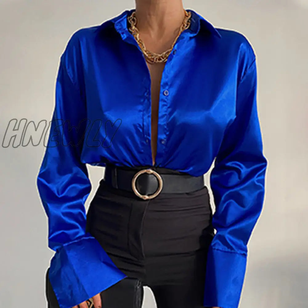 Hnewly Tunics Women’s Blouses Autumn Oversize Shirt Elegant Lapel Satin Shirts Long Sleeve