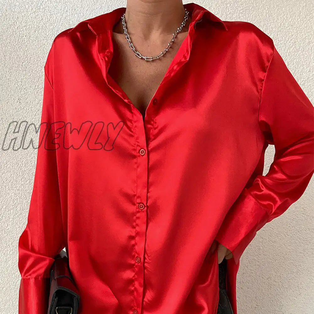 Hnewly Tunics Women’s Blouses Autumn Oversize Shirt Elegant Lapel Satin Shirts Long Sleeve