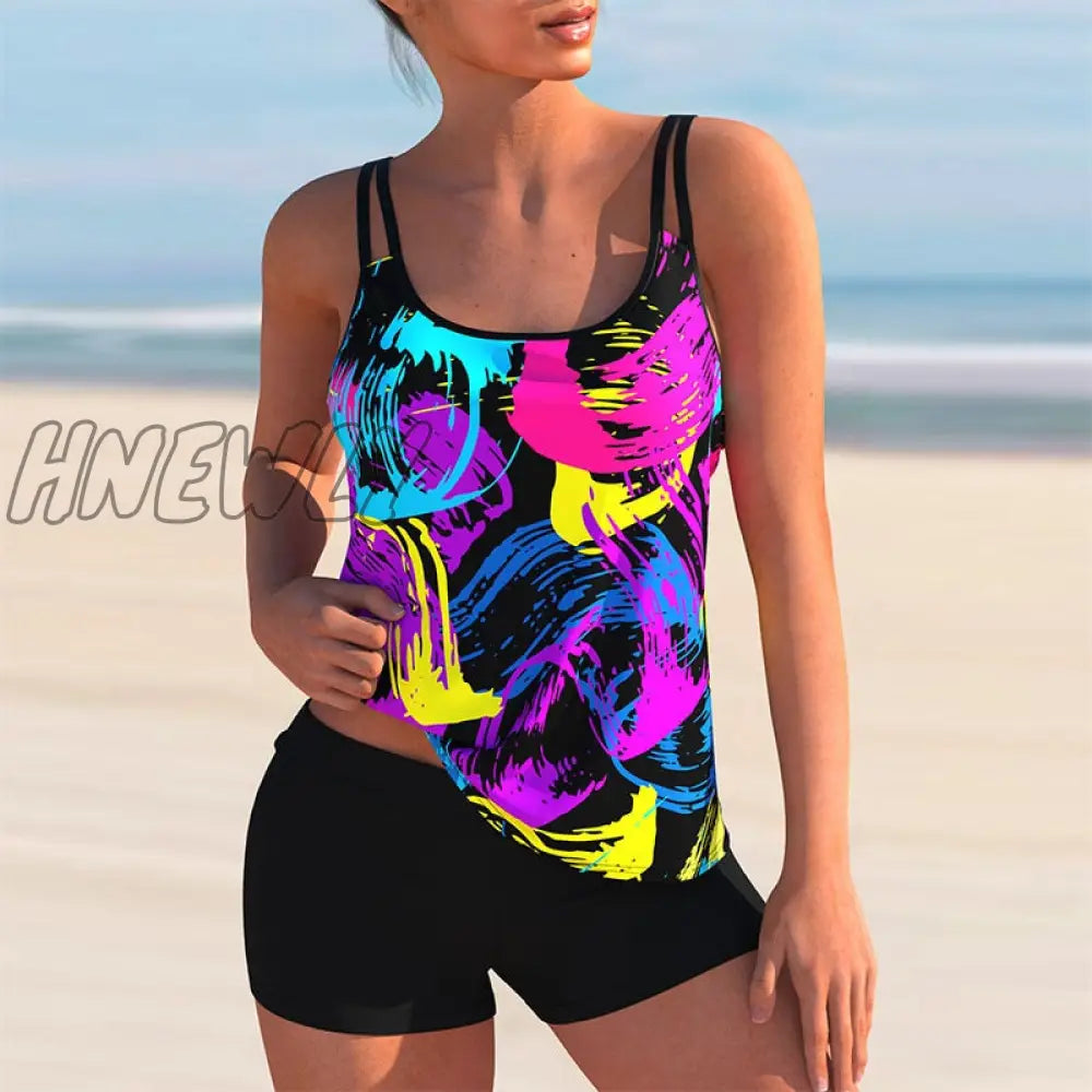 Hnewly Two Piece Fashion Sling Tank Top Boxer Bikini Set New Women Print Tankini Swimwear Spring