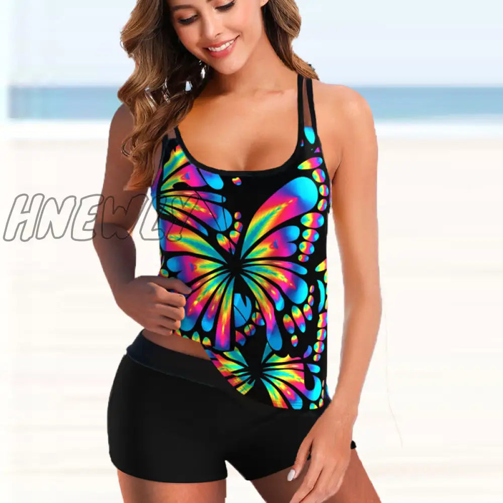 Hnewly Two Piece Fashion Sling Tank Top Boxer Bikini Set New Women Print Tankini Swimwear Spring