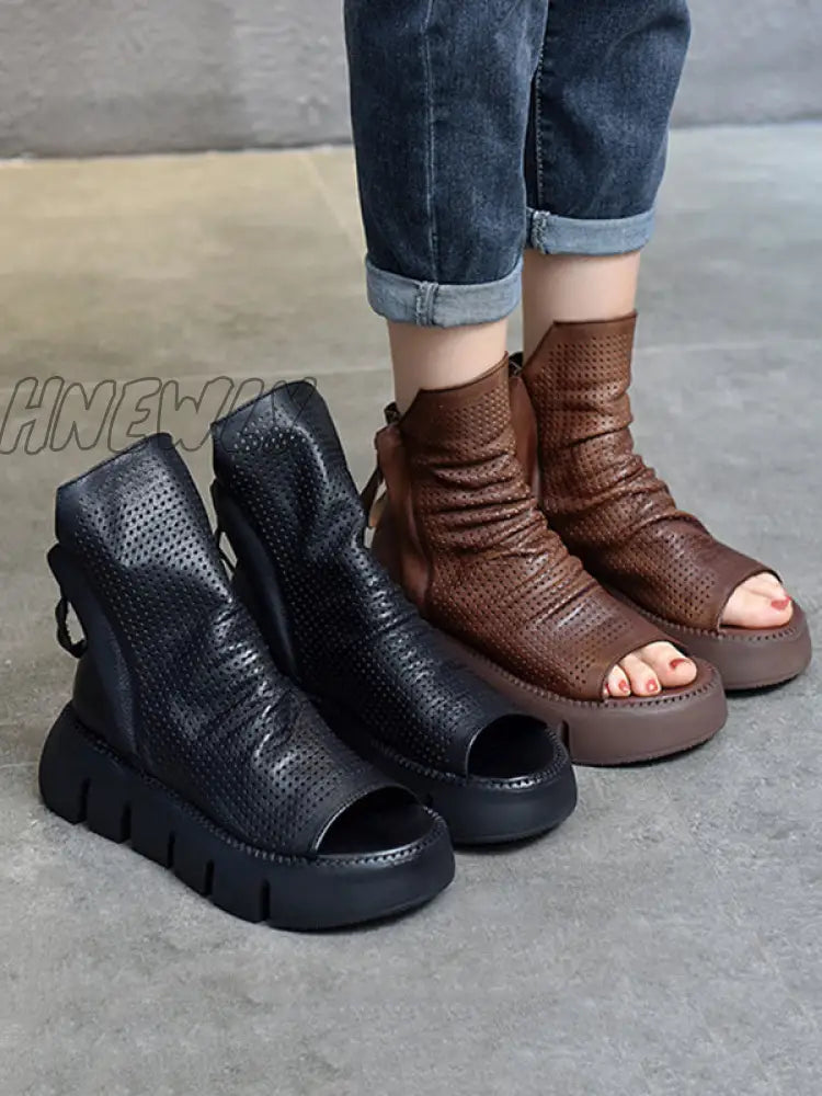 Hnewly - Urban Black Brown Zipper Hollow Platform Shoes