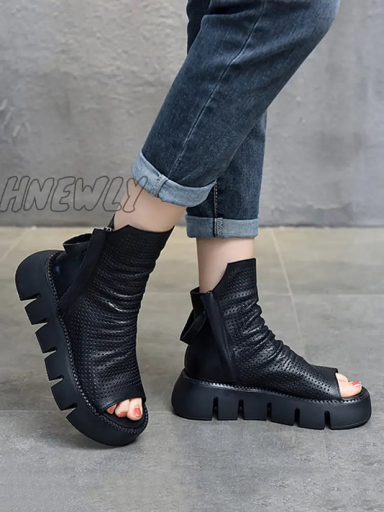 Hnewly - Urban Black Brown Zipper Hollow Platform Shoes