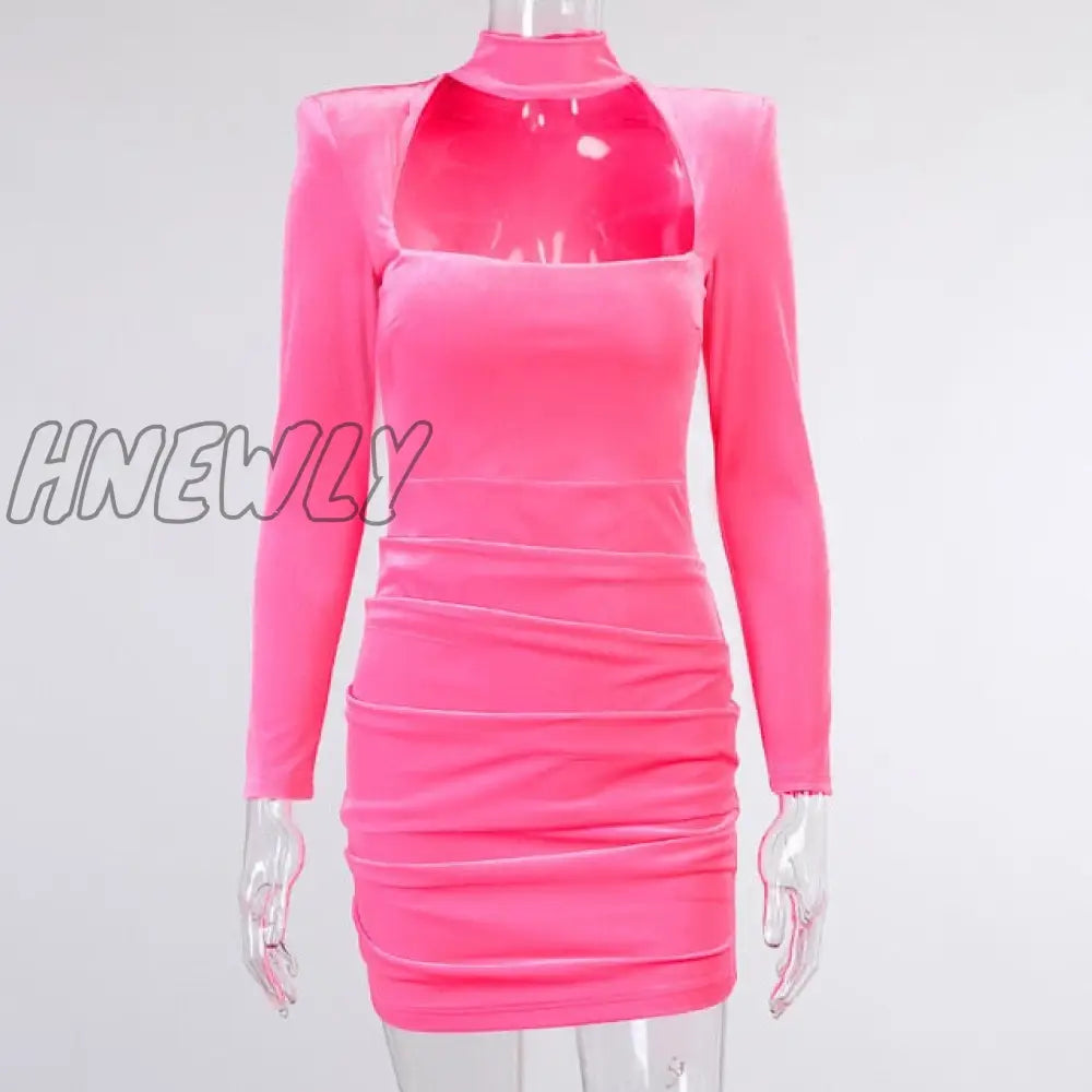 Hnewly Velvet Women High Neck Long Sleeve Mini Dress Ruched Hollow Out Shoulder Pad Bodycon Sexy