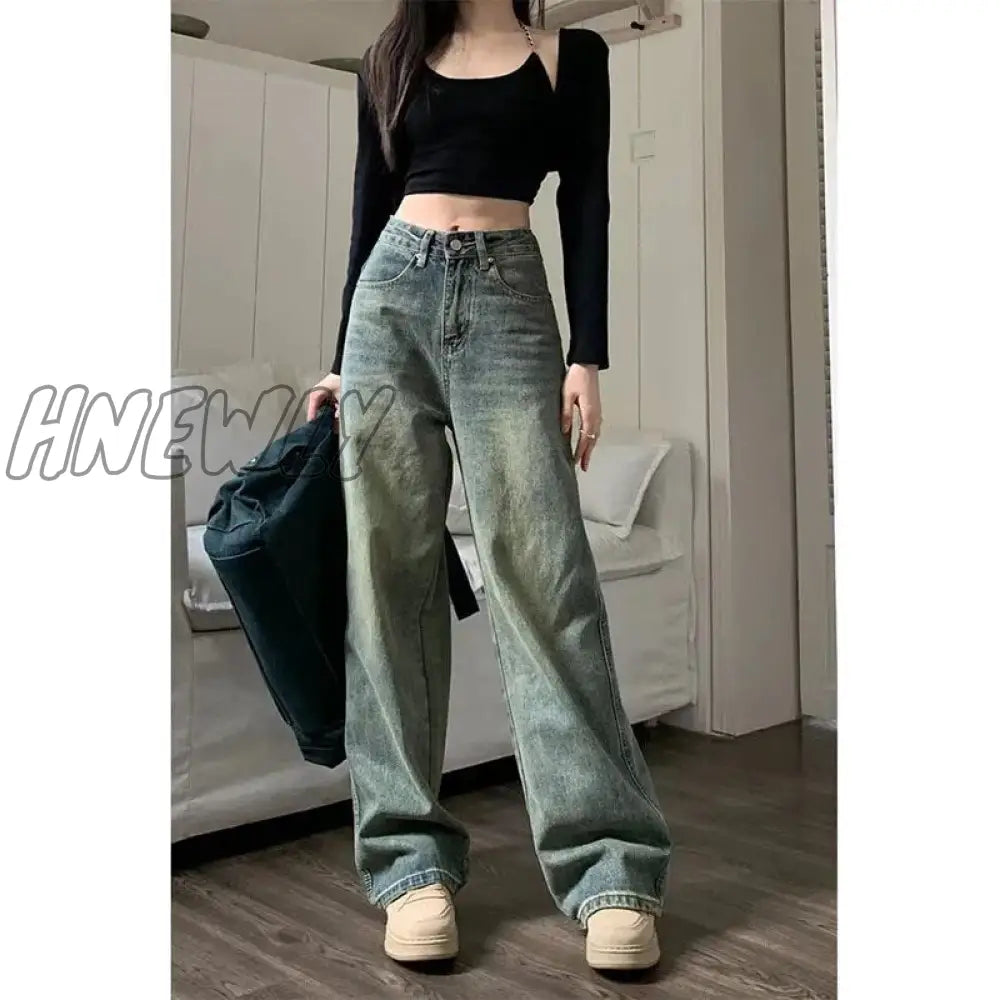 Hnewly Vintage 90S Baggy Straight Denim Trousers Female Y2K High Waist Loose Wide Leg Jeans Women