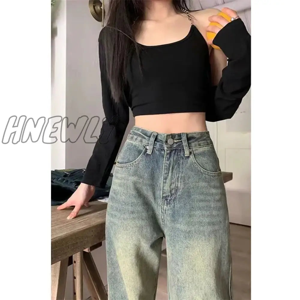 Hnewly Vintage 90S Baggy Straight Denim Trousers Female Y2K High Waist Loose Wide Leg Jeans Women