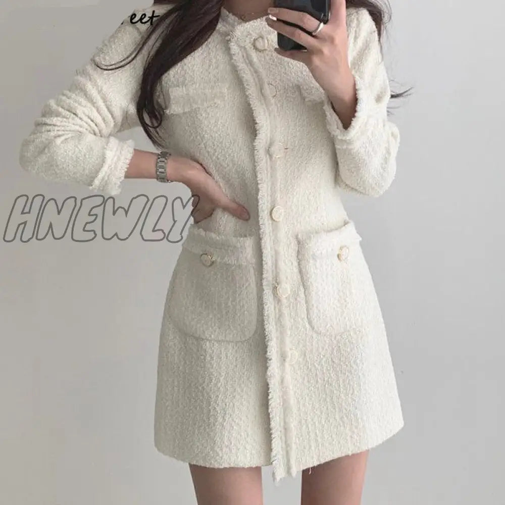 Hnewly Vintage Beige Tweed Dress Woman Single Breasted Elegant Party Mini Dresses Female Autumn