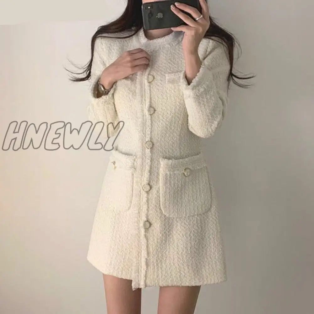 Hnewly Vintage Beige Tweed Dress Woman Single Breasted Elegant Party Mini Dresses Female Autumn