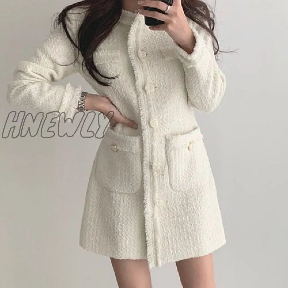 Hnewly Vintage Beige Tweed Dress Woman Single Breasted Elegant Party Mini Dresses Female Autumn