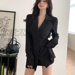 Hnewly Vintage Blouses Black Stripe Tunic Shirts Long Sleeve Top Women Korean Fashion Office Lady