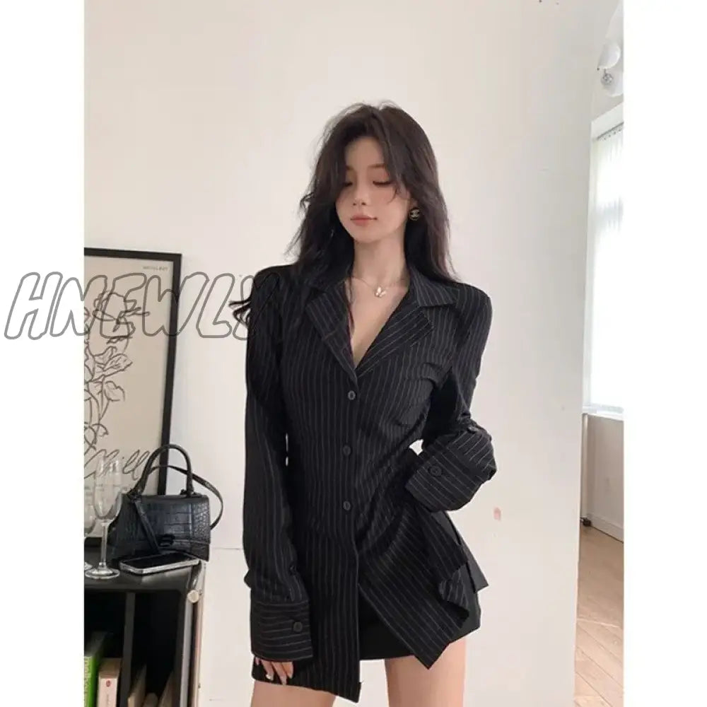 Hnewly Vintage Blouses Black Stripe Tunic Shirts Long Sleeve Top Women Korean Fashion Office Lady