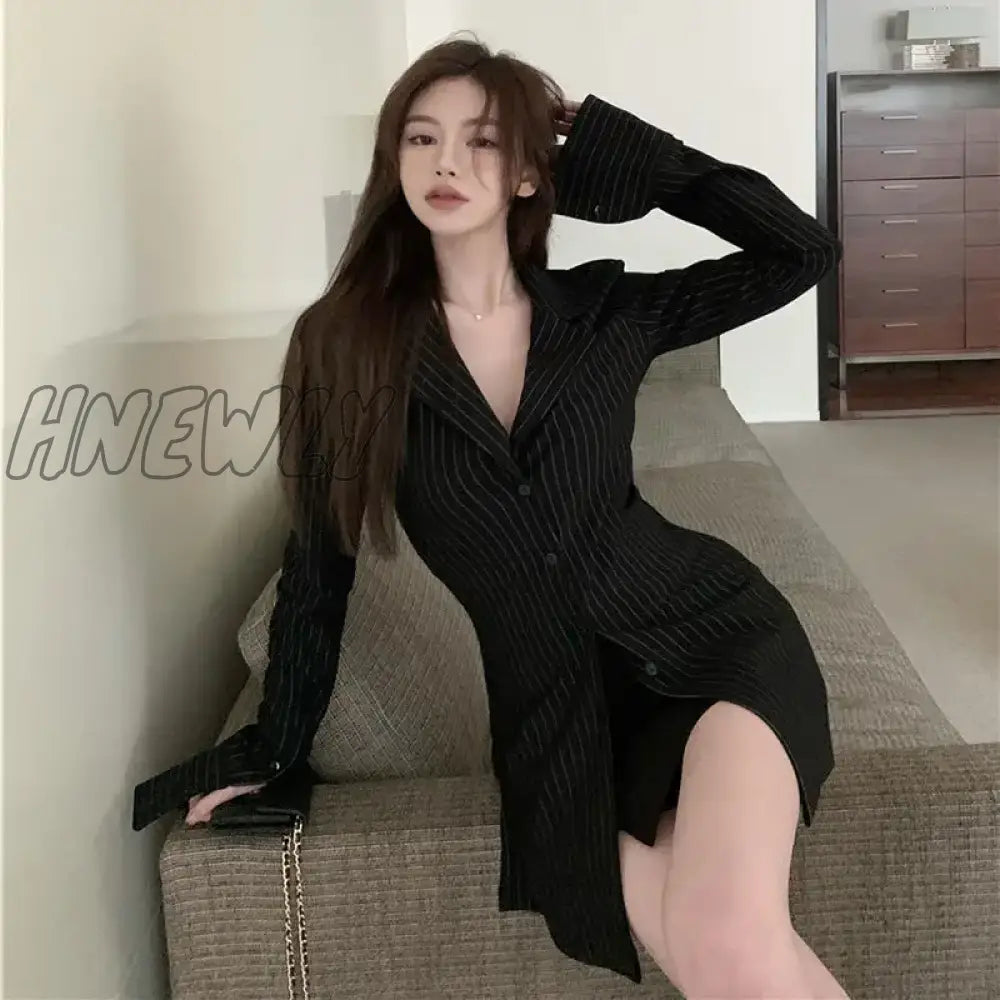 Hnewly Vintage Blouses Black Stripe Tunic Shirts Long Sleeve Top Women Korean Fashion Office Lady