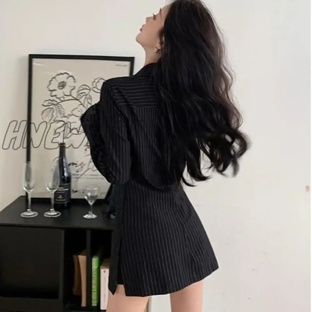 Hnewly Vintage Blouses Black Stripe Tunic Shirts Long Sleeve Top Women Korean Fashion Office Lady