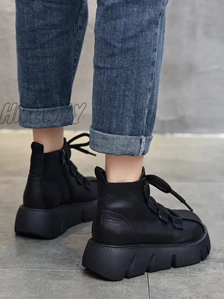 Hnewly - Vintage Cow Leather Wool Boots Platform Shoes