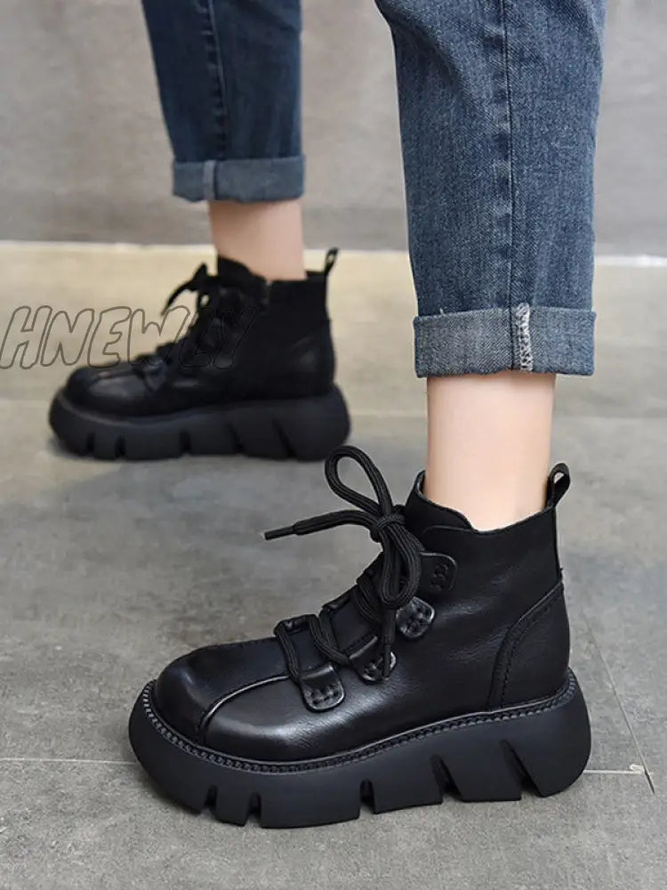 Hnewly - Vintage Cow Leather Wool Boots Platform Shoes