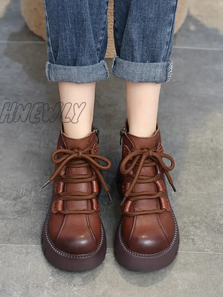 Hnewly - Vintage Cow Leather Wool Boots Platform Shoes