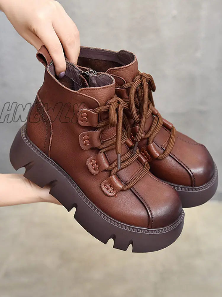 Hnewly - Vintage Cow Leather Wool Boots Platform Shoes