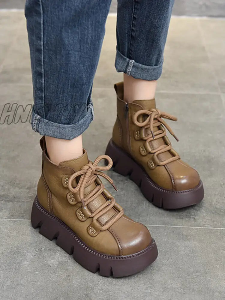 Hnewly - Vintage Cow Leather Wool Boots Platform Shoes